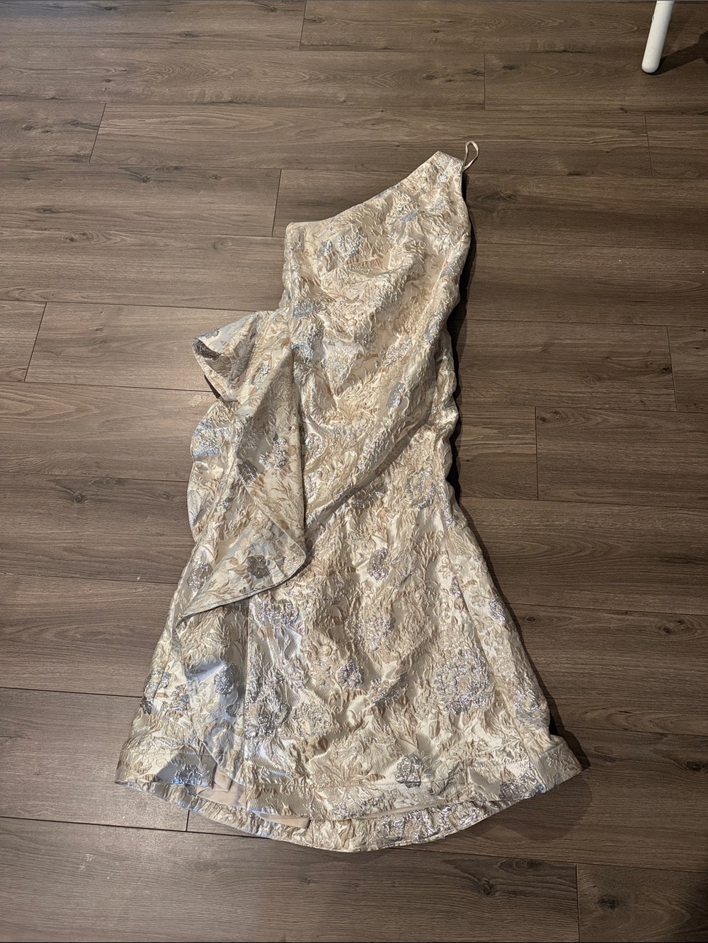 Xscape One-Shoulder Metallic Jacquard Gown in Champagne and Silver